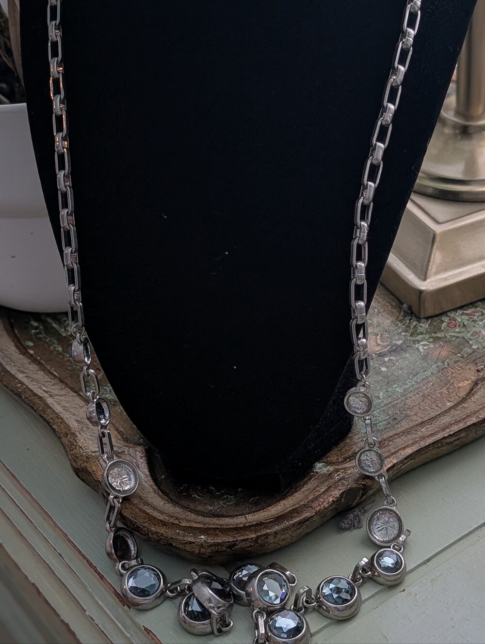 Coldwater Creek Silver Tone With Grey/Smoky Blue Rhinestone Station Necklace - Picture 7 of 11